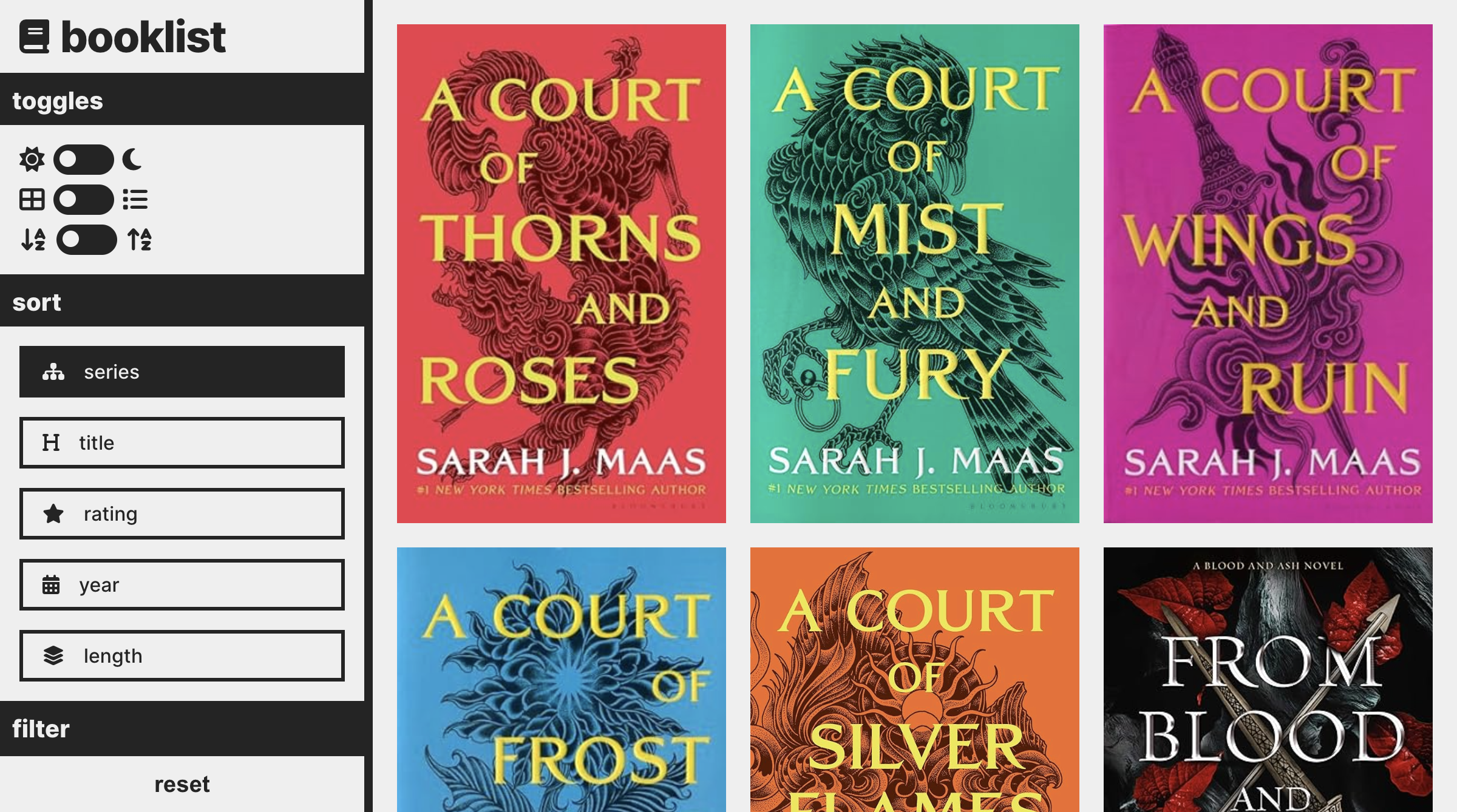 Screenshot of booklist website.